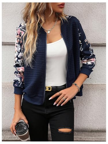 Verdusa Women's Floral Print Zip Up Waffle Bomber Jacket Raglan Long Sleeve Outerwear3
