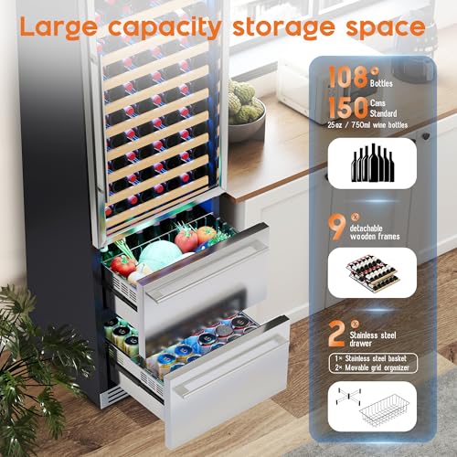 Image of Albott 24 Inch Wine and Beverage Refrigerator, 2 In 1 Dual Zone 49 Bottle Wine Cooler 37-72℉ with Soft LED Light, Hold 108 Bottles and 150 Cans, Built-in or Freestanding Design for Home and Bar