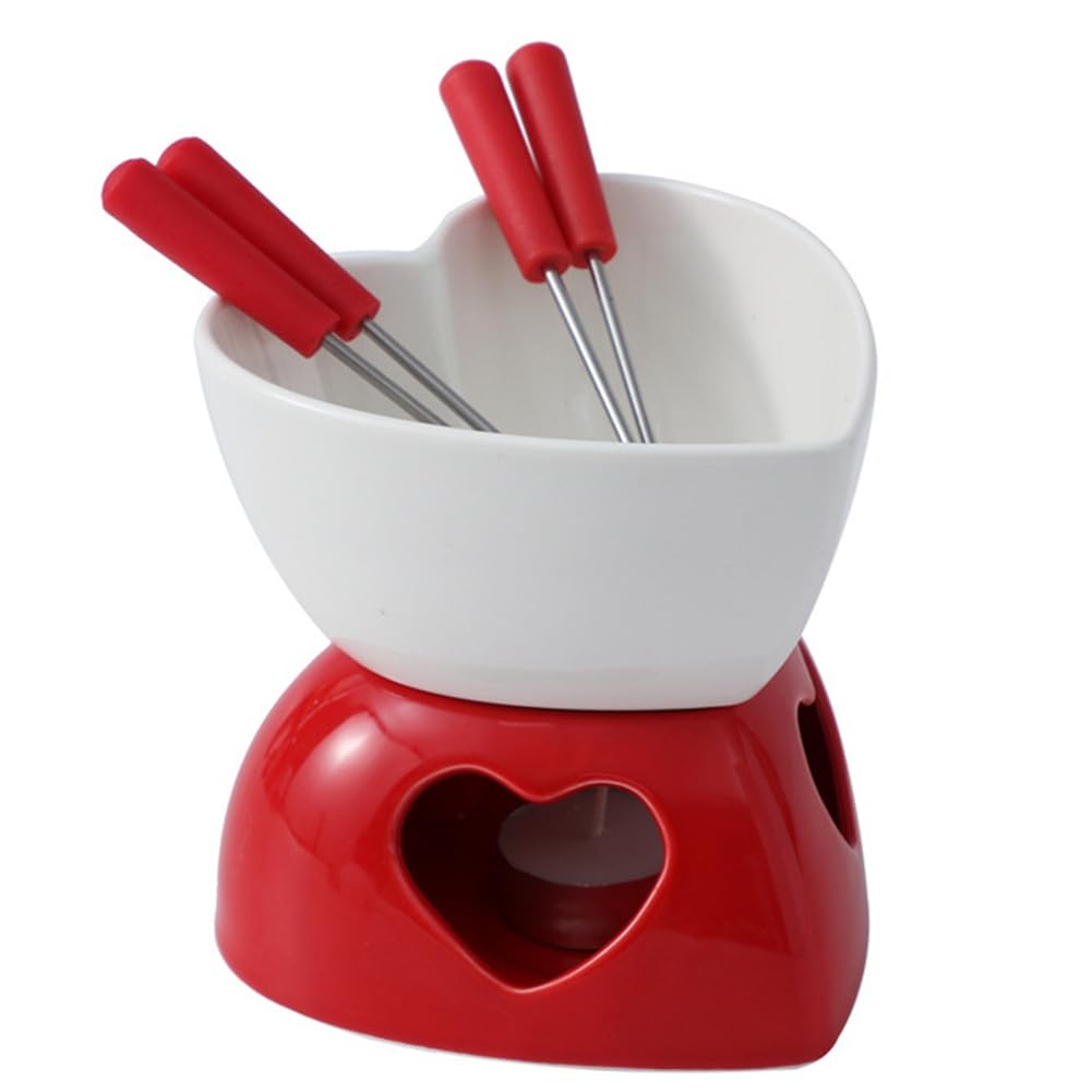 Hndhbfgrt Heart Fondue Pot Set - Ceramic Melting Mug, Mini Dessert Pot Kit with Four Forks and Candle for Cheese