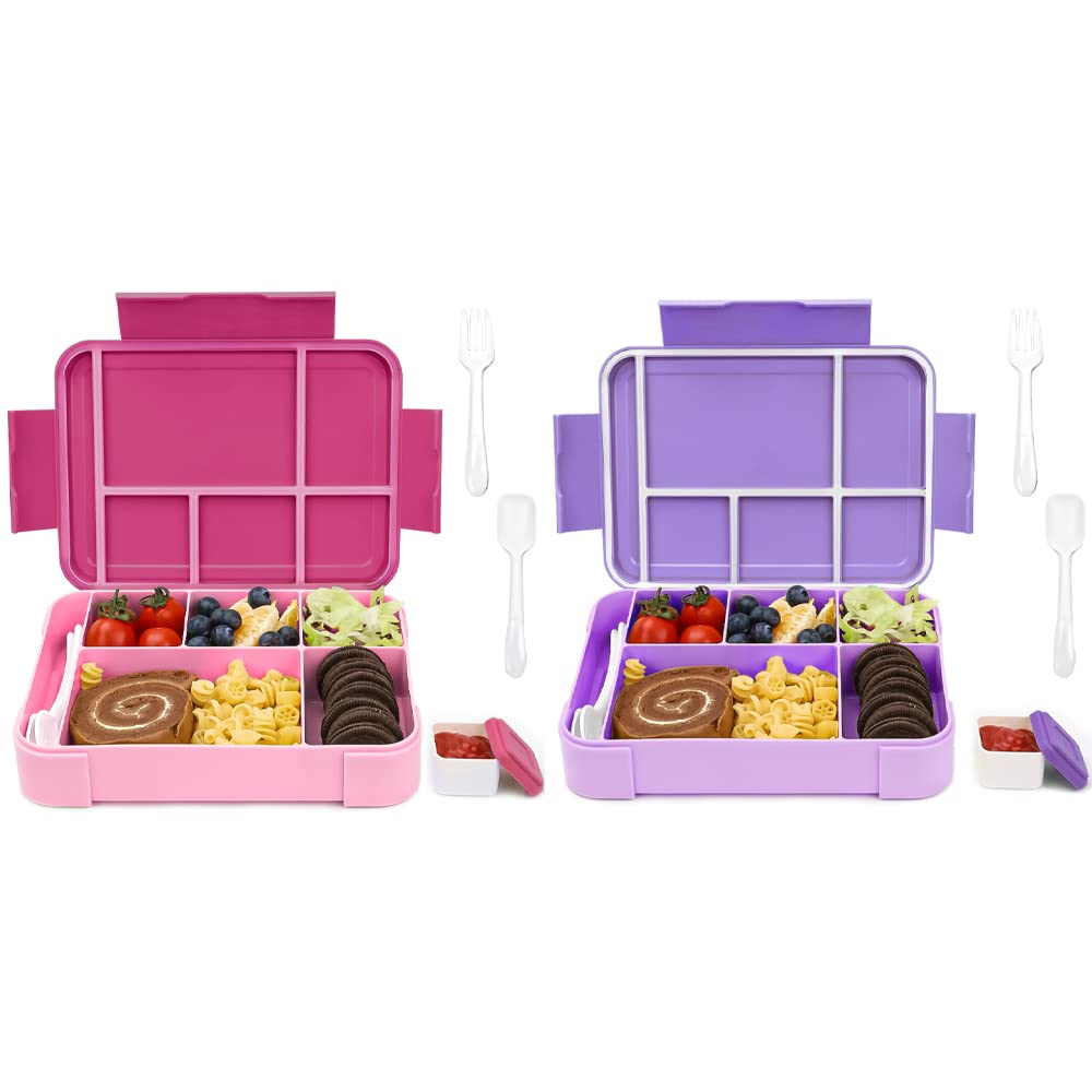Bugucat Brotdose Kinder mit Fächern 1330ML 2 Set,Lunchbox Kinder Bento Box Auslaufsicher mit 6 Fächern Besteckset,Vesperdose Frühstücksbox für Mädchen,Jausenbox Brotdose für Erwachsene Rosa Lila