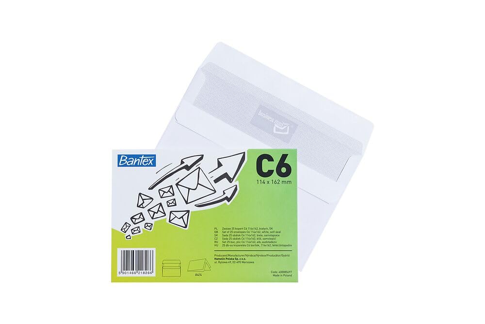 Bantex 25 x White Self Seal Envelopes C6 (114mm x 162mm) in Foil Pack