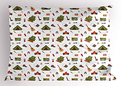 Ambesonne Camping Pillow Sham, Campfire Map Lantern Guitar and Compass Discovery in Woodland Boys Kids Cartoon, Decorative Standard Queen Size Printed Pillowcase, 30