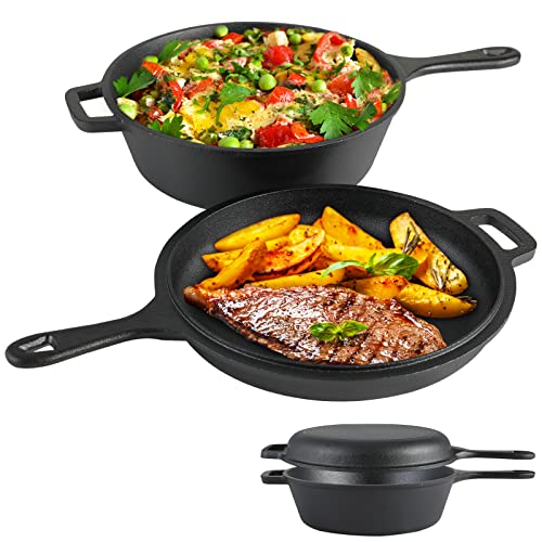 Gusseisen Topf, 2 in 1 Gusseisen Schmortopf,4,6L, inkl. 3,2L Gusseisentopf +1,4L Pfannendeckel, Ø26cm Feuerpfanne, Dutch Oven mit langem Griff, für den Innen- und Außenbereich,eingebrannt Cover