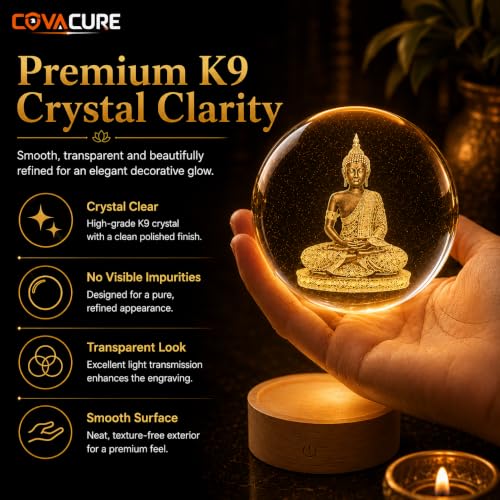 Image of COVACURE 3D Lord Buddha Statue Crystal Ball Night Lamp, 2.4 Inch Gautam Buddha Idols Crystal Ball Night Light for Home & Office Desk Decor, Birthday Gift, Spiritual Showpiece