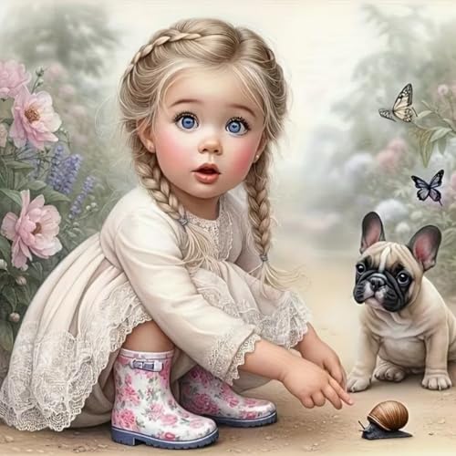 Renqidian Kit de Peinture Diamant Painting Adultes 5D Fille et chien mignons Rond Diamond Painting Kit Complet, DIY Art Mosaique Maison Décoration 50x50cm