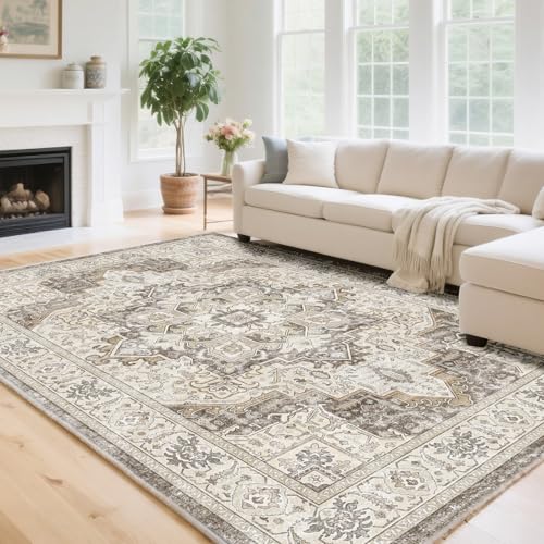 HiChiclife Teppich Wohnzimmer 160x230 Braun – Waschbar & rutschfest, Orientalischer Vintage Teppich Großformat für Wohnzimmer & Esszimmer, Pflegeleicht Kurzflor