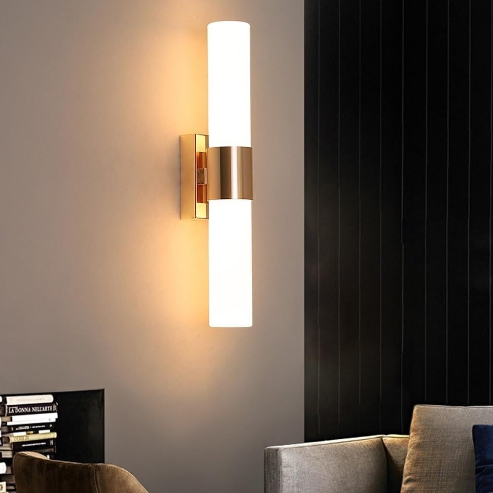 Applique da Parete in Vetro lattimo Nera Stile Rustico Moderno di metà secolo, Lampada da Parete per Bagno, Lampada da Parete a Tubo Lungo in Vetro Bianco per Camera da Letto,Gold