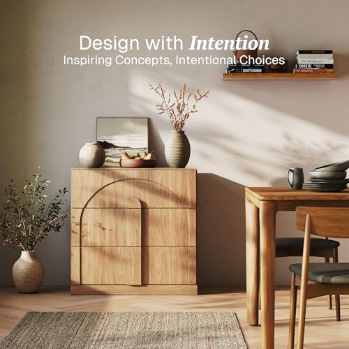 Image of BELLEZE Sideboard Cabinet with 3 Drawers, Modern Wood Buffet Cabinet with Arc Design, Large Fluted Sideboard with Storage for Kitchen Living Room Entryway, Camel