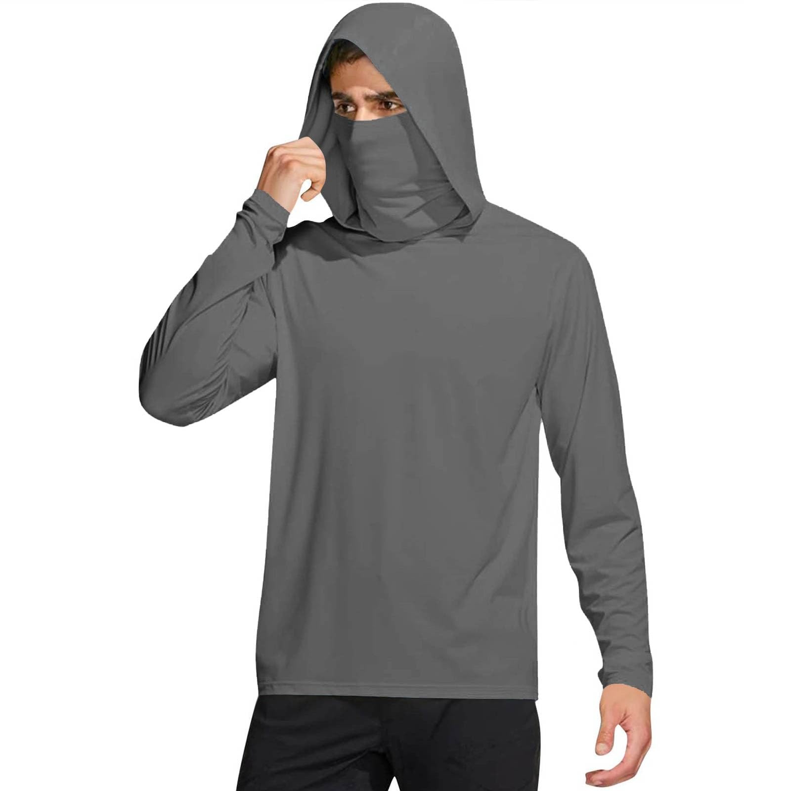 UPF 50+ Men Hooded Shirts Uv/Sun Protection Men's Hoodie Mesh Face Mask Long Sleeve Quick Dry Performance Shirt Breathable with Mask Solid Lightweight Outdoor Swimming Dark Gray XL