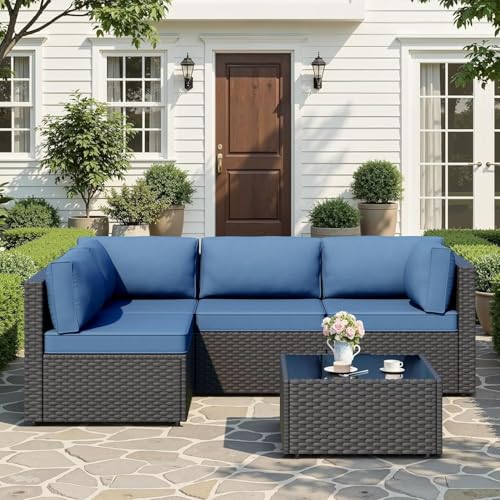 JAMFLY 5-Piece Patio Furniture Set, Outdoor Wicker Sectional Sofa with 4-Inch Thick Cushions & Coffee Table, All-Weather PE Rattan Conversation Set for Backyard, Garden, Poolside, Aegean Blue - Image 3