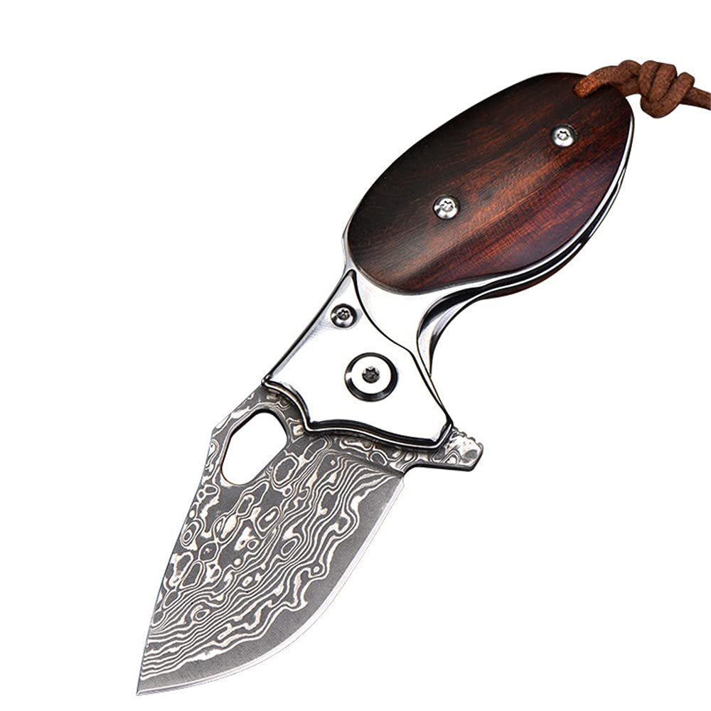 Small Folding Knife Pocket Knife Redwood Handle VG10 Damascus Steel Sharp Blade - Pocket Knife for Men - Best Partner for Camping Hunting Fishing - EDC and Outdoor Gear