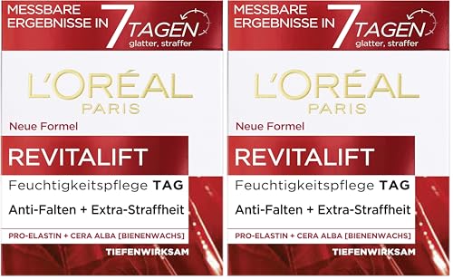 L'Oréal Paris Crema de día Revitalift, cuidado facial antienvejecimiento, antiarrugas y extra firme, proelastina y cera de abeja, 50 ml (Paquete de 2)