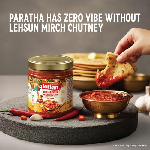 Image of Kissan Teekhi Lehsun Mirch Chutney, 200g, For Traditional Spicy Flavors, With Mathania Red Chillies & Fresh Whole Garlic, Silbatta Like Texture, Sourced From Indian Farms, Ready to Eat