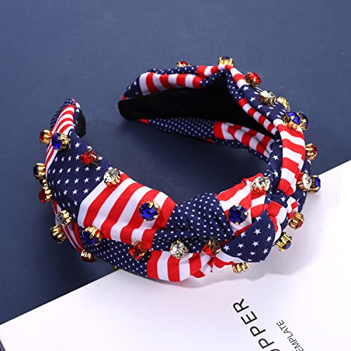 Crystal Velvet Headband American Flag Cross Knotted Turban Headdress Patriotic Rhinestone Statement Wide Hair Band Hoop Accessories For Women Girls (Red White Blue) #TOP5