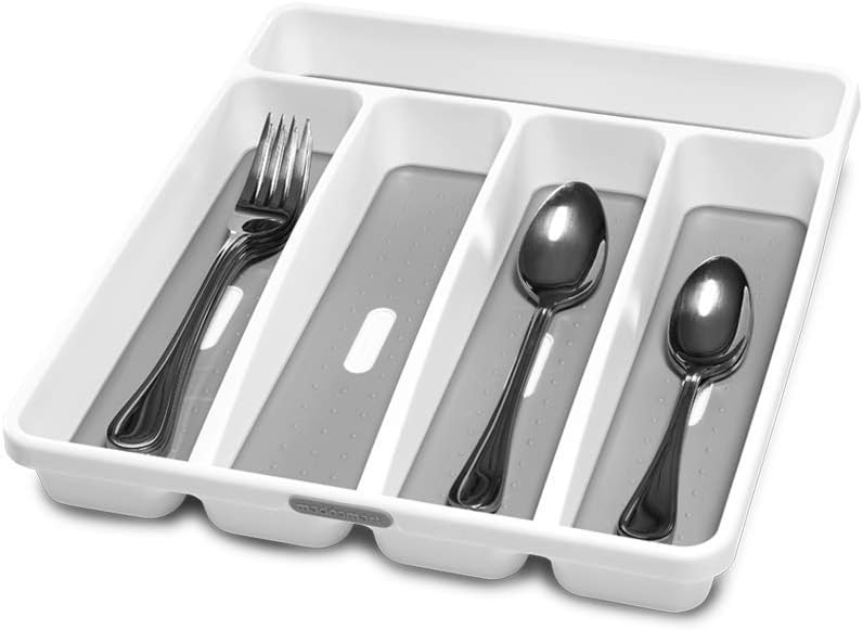 madesmart Classic Small Silverware Tray - White | CLASSIC COLLECTION | 5-Compartments | Icons help sort Flatware, Utensils and Cutlery | Soft-grip Lining and Non-slip Feet | BPA-Free