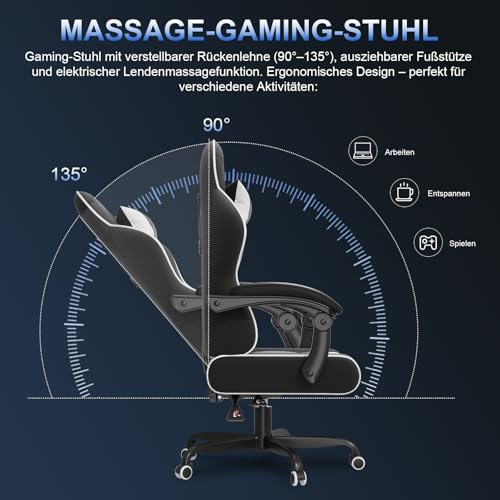 JETSTREAM Poltrona Gaming Ergonomica Con Poggiapiedi, Poggiatesta, Massaggio E Sollevamento Pneumatico, 150 Kg, bianco e nero - Sedia gaming - Immagine 4