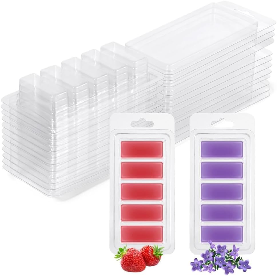 Aboiledy 50 Pcs Plastic Wax Melt Clamshell Mold, 5-Cavity Wax Melt Containers, Clear Empty Plastic Wax Melt Mold for DIY Wax Melt Candle Soap Craft Gift Home Decor