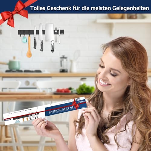 Dmore Magnetleiste Messer mit 3 Haken, 40 cm Messerhalter magnetisch schwarz, extrem selbstklebend Magnet Messerhalter aus Edelstahl, inklusive Klebeband und Schrauben, für Messer und Utensilien 6