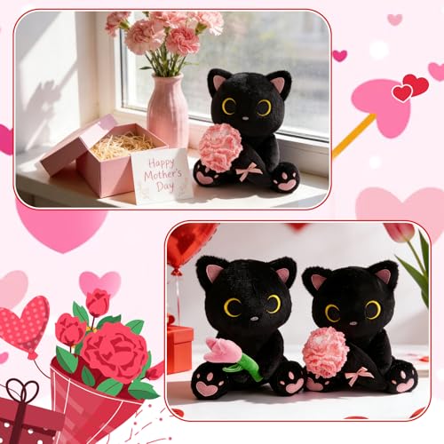 Image of Black Cat Plush Holding Crochet Flower - 8 inch Kawaii Stuffed Cat with Handmade Pink Carnation, Soft Cute Plush Stuffed Animals for Girls Kids, Birthday Gift