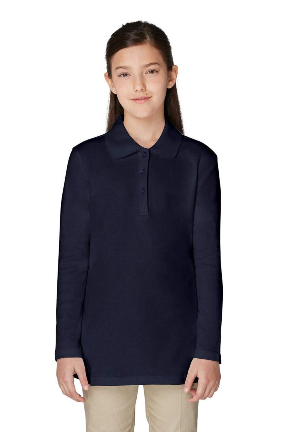 French Toast Girls' Uniform Long Sleeve Polo with Picot Collar (Standard &amp; Plus), Navy, 18/20 PLUS