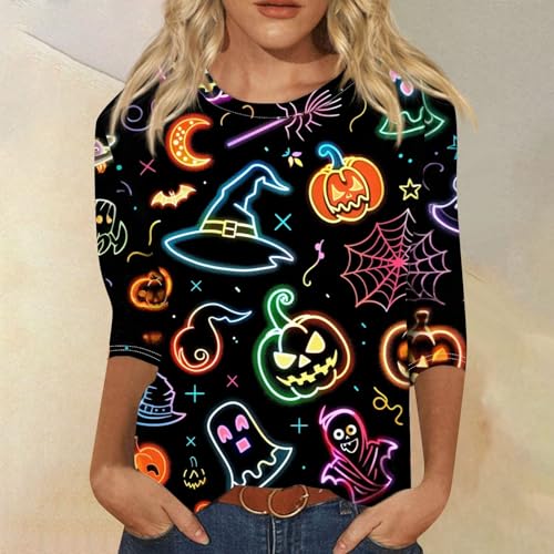 Cute Funny Halloween Shirts for Women Plus Size 3/4 Length Long Sleeve Womens Tops Witch Gothic Renaissance Shirt