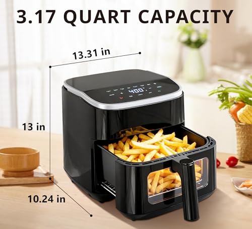Image of Air Fryer 4QT with Clear Window, Multiple Operation Airfryer Non-Stick Basket Dishwasher Safe, Square Airfryer, Air Fry, Roast, Reheat, Dehydrate, Bake, Steam, 400F Rapid Air Crispy Technology, Black