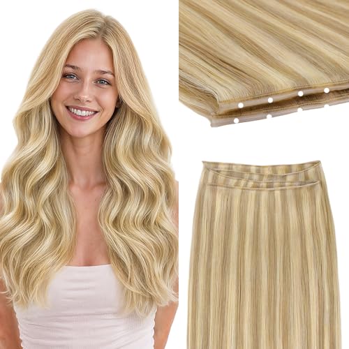GOO GOO Butterfly Weft Hair Extensions Human Hair, Invisible Double Genius Weft, 16/22 Light Blonde Highlighted Golden Blonde 16 Inch 100g, Flat No Bulk Easy Install at Home for Women