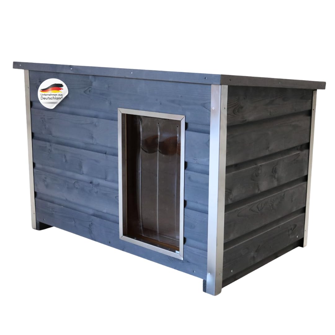 wetterfeste Hundehütte grau, Klappdach, 100x70x80 cm | 3-wandig vollisoliert (auch Dach und Boden)