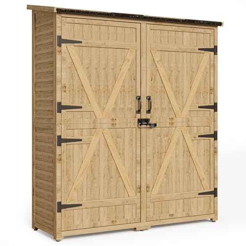 Blishom Gartenschrank Holz, Outdoor Geräteschrank, Gerätehaus mit Tür, Böden, Geräteschrank, Gartenhaus, Gartenschuppen für Garten, Terrasse & Balkon, 140x44x162cm, Natur