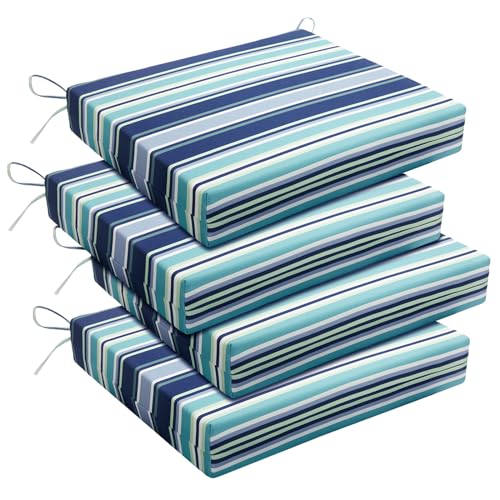 Image of Basic Beyond Outdoor Chair Cushions Set of 4, Square Corner Outdoor Cushions for Patio Furniture, Water Resistant Patio Chair Cushions with 2 Ties, 18.5x16x3, Pinstriped Blue