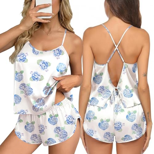 Image of Ekouaer Silk Pajamas Set for Women Satin Backless Lingerie Pjs Cami Top and Shorts Nightwear