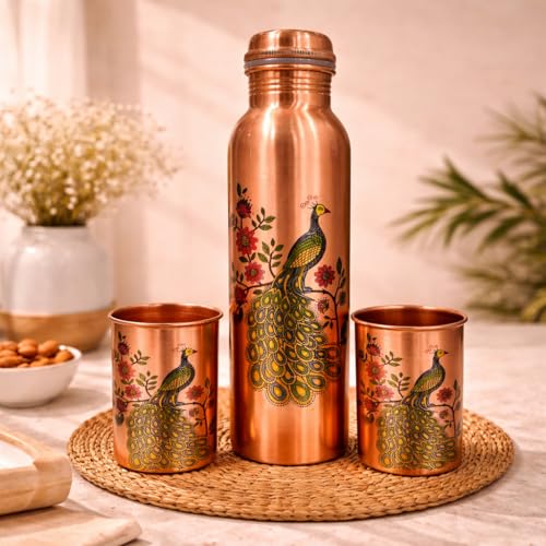 Image of JAIPUR ACE Pure Copper Water Bottle with Glass Set Peacock Design | 100% Copper Drinking Bottle Set I Ayurvedic Health Benefits Leak Proof Premium Designer Bottle Set for Home Office (Royal Peacock)