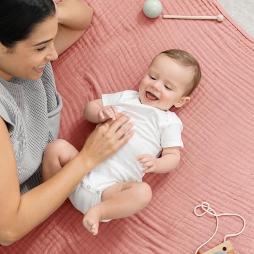 Image of Comfy Cubs Muslin Baby Blanket - Soft, Lightweight, 6-Layer Cotton Swaddle Blankets for Newborns, Infants & Toddlers - 40 inch x 40 inch Large, Breathable & Versatile for Sleeping & Tummy Time - Bold Blush