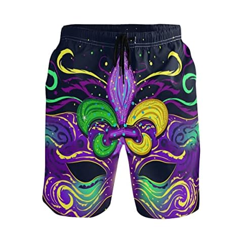 Glaphy Mardi Gras Carnival Mask Men's Beach Shorts Fleur De Lis Quick Dry Swim Trunks Shorts with Pockets for Men, S M L XL XXL Multi Cover