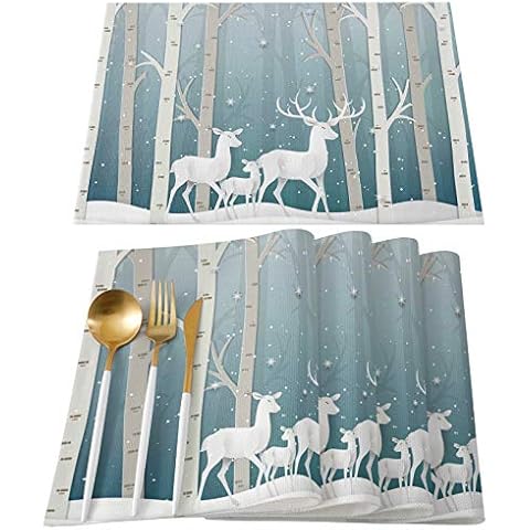 Winter Placemat For Dinning Table,Christmas Placemat Set Of 4-Cotton Linen Waterproof Cloth Table Mat-Forest Reindeer Place Mat,Machine Washable Easy Clean Fabric,Rustic Farmhouse Holiday Dinner Decor Cover