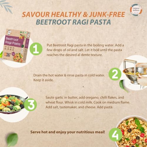 Image of ORGANIC WISDOM Back to Roots Beetroot Ragi and Quinoa Jowar Pasta, 180g Each, Tastemaker Inside, Free from Maida and MSG, Rich in Protein and Fiber