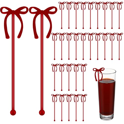 SiliFine 30 Pcs 6 Inch Bow Drink Stirrers, Bow Stir Sticks Coffee Stirrers Reusable Plastic Swizzle Sticks for Wedding Birthday Bridal Cocktail Decorations Supplies(Red)