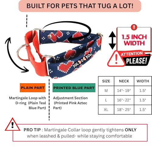Image of Dog-O-Bow Cotton Blue and Red Heart Martingale Dog Collar, Durable, Comfortable & Adjustable Training Collar (Extra Large)
