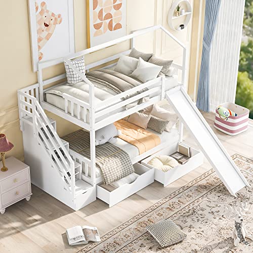 Image of kupet Kids Twin Over Twin House Bunk Bed with Two Drawers and Slide, Storage Staircase, White