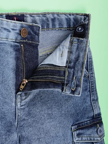 Image of KiddoPanti Boys Knee Length Cargo Denim Shorts with Flap Pockets & Button Closure Casual Wear