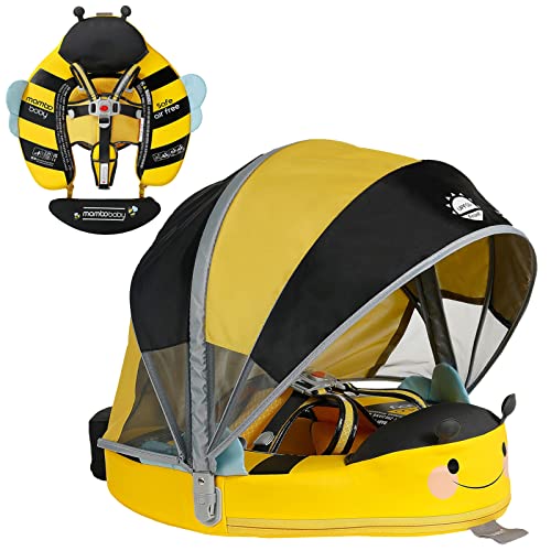 Mambobaby Float with Canopy Non-Inflatable Baby Pool Float Infant Solid Swim Float Add Tail Water Floats Smart Swim Trainer for Infant Toddler 3-24 Months, Honey Bee Yellow