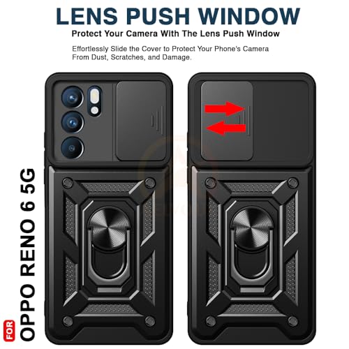 Image of Armor Bumper Back Cover Case for Oppo Reno 6 5G Rotating Camera Cover, Ring Holder & Kickstand | Heavy Duty & 360 Degree Protection Oppo Reno 6 5G Back Cover (Black)