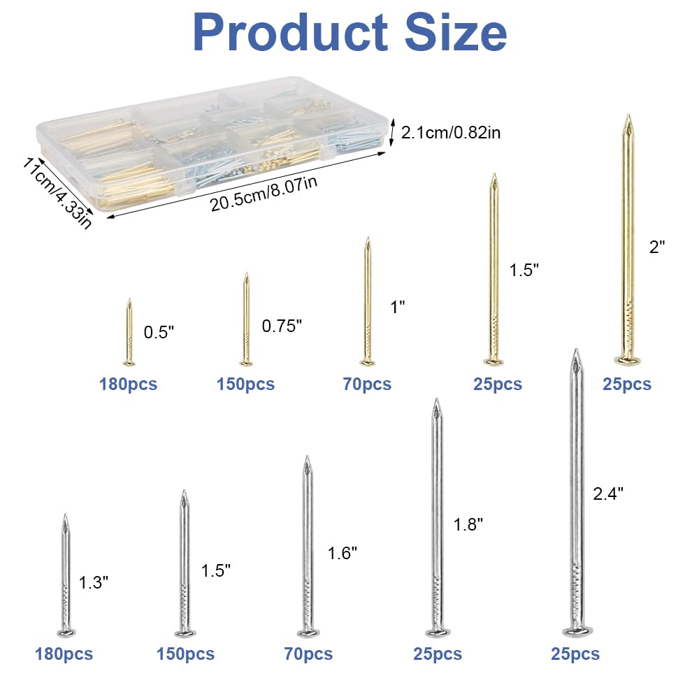 Kit di 900 Chiodi Assortiti, 10 Misure Assortimento di Chiodi, Chiodini per Quadri Muro, Chiodi per Legno, Chiodi in Acciaio, Chiodi per Cemento Armato, per Fissaggio Cornici, Lavorazione del Legno