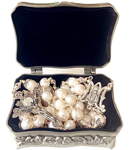 elegantmedical Handmade Sterling Silver White Pearl Beads Catholic Rosary Necklace Cross Crucifix Gift Box4
