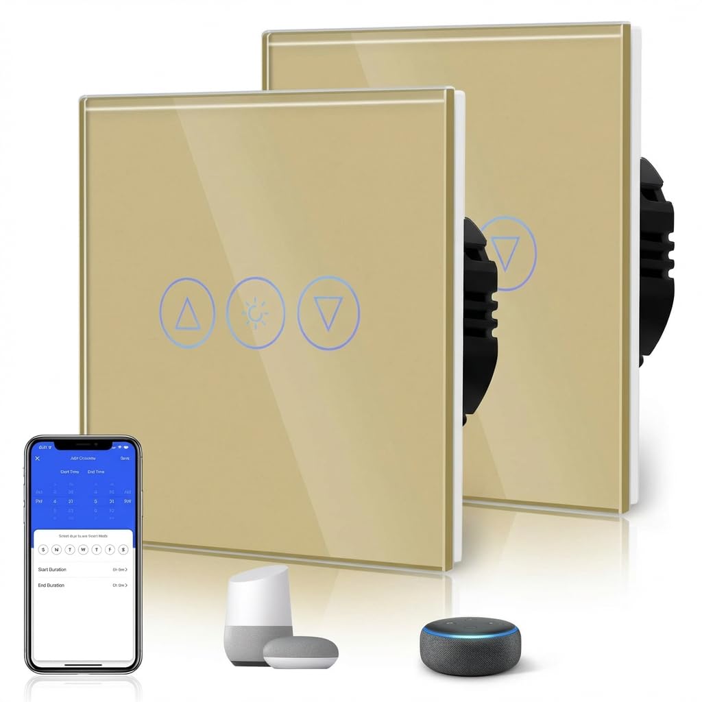 BSEED Smart Dimmer Switch,Glass Touch Panel,LED Lights,Work with Alexa/Smart Life App Control,Neutral Wire RequiredWIFI Dimmer 1 Gang 2 Way(2 Pack),86mm Gold — image 1