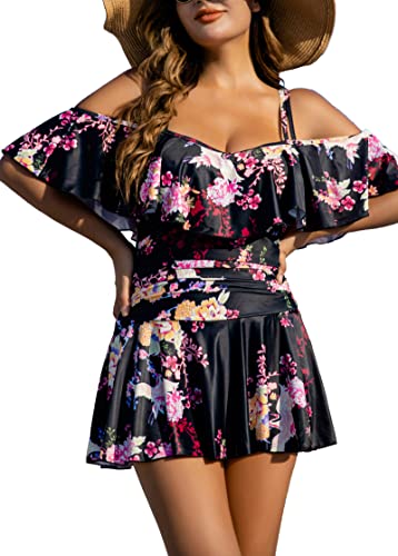 Image of COCOPEAR Women's One Piece Flounce Swimsuit Off Shoulder Bathing Suit Tummy Control Swimdress(FBA)