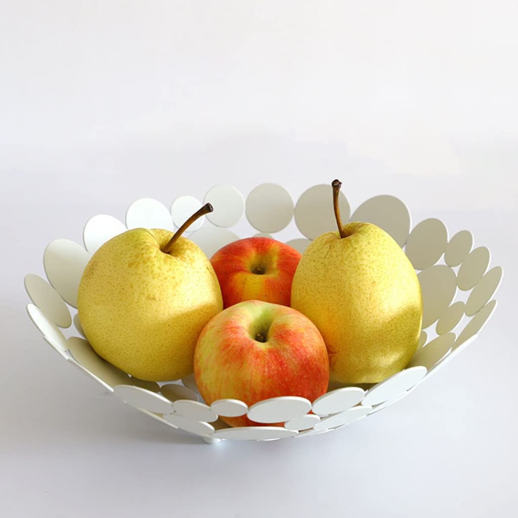 Miska na owoce, Metalowy koszyk owocowy okrągły miskę owoców do stołu kuchennego, duży uchwyt na owoc warzywa, chleb, cukierki i przechowywanie domowe Stojak na przekąski, Ciasto(White)