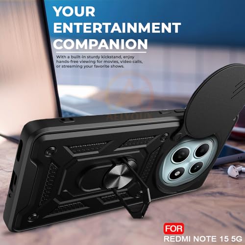 Image of Armor Bumper Back Cover Case for Redmi Note 15 5G / Poco M8 5G Rotating Camera Cover, Ring Holder & Kickstand | Heavy Duty & 360 Degree Protection Back Cover (Black)