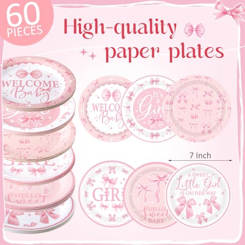 Image of Funnymoom 60 Pcs 7 Inch Pink Bow Baby Shower Paper Plates a Sweet Little Girl Is on Her Way Party Decoration, Coquette Pink Bow Welcome Baby Disposable Plates for Dessert Birthday Party Supplies
