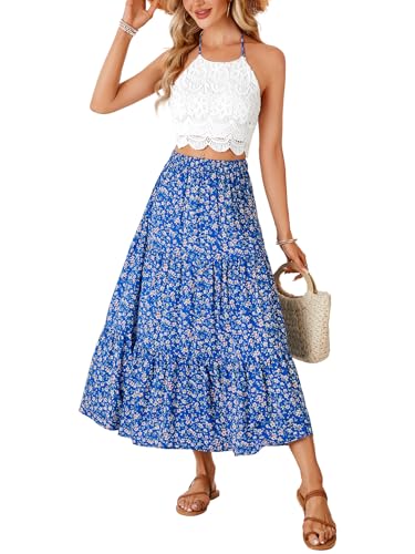 Vrtige Women's 2 Piece Outfits Summer Lace Halter Cami Crop Top with Floral Long Maxi Skirt Set